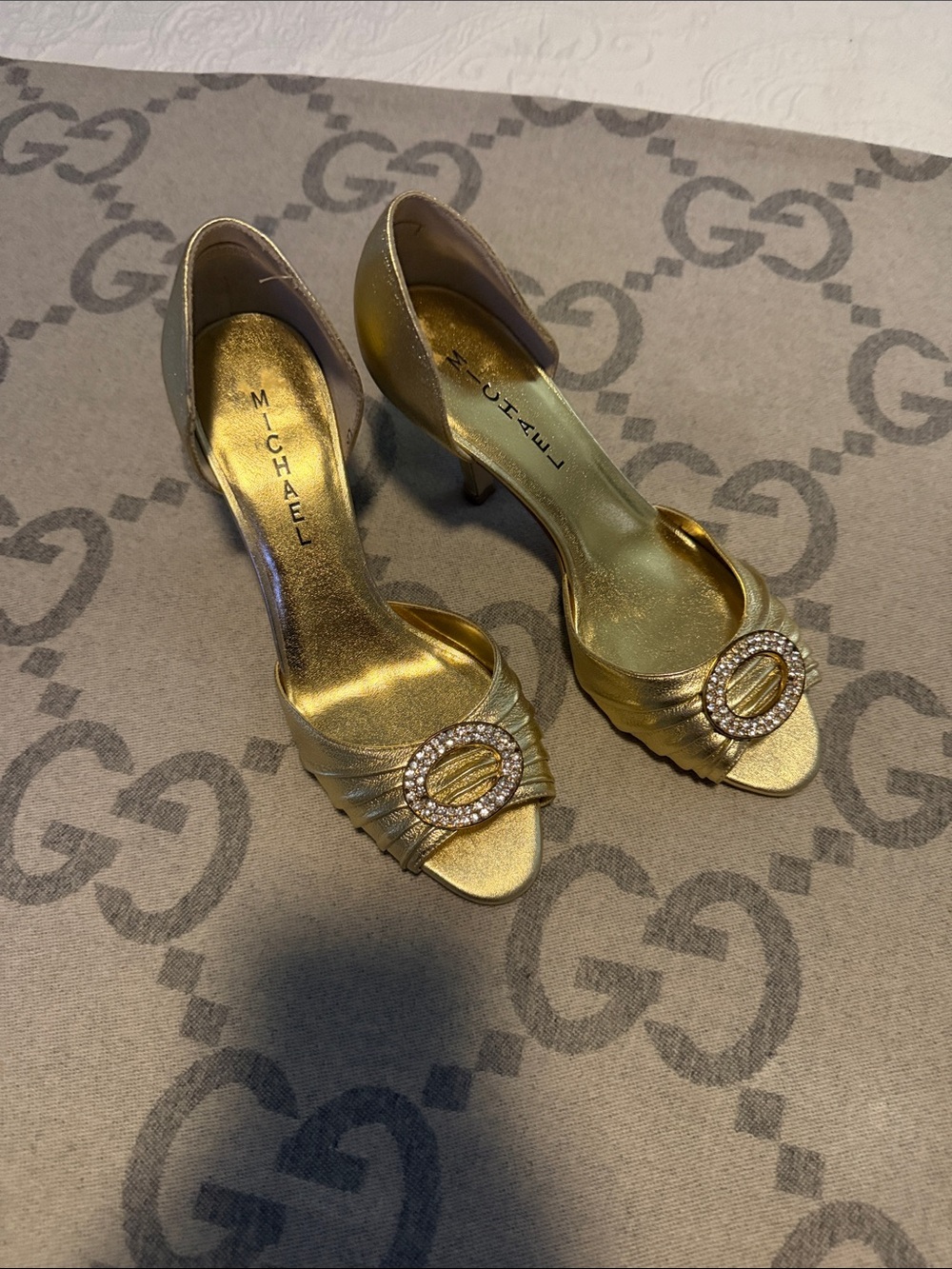 Michaels Gold Crystal Buckle Peep-Toe Heels